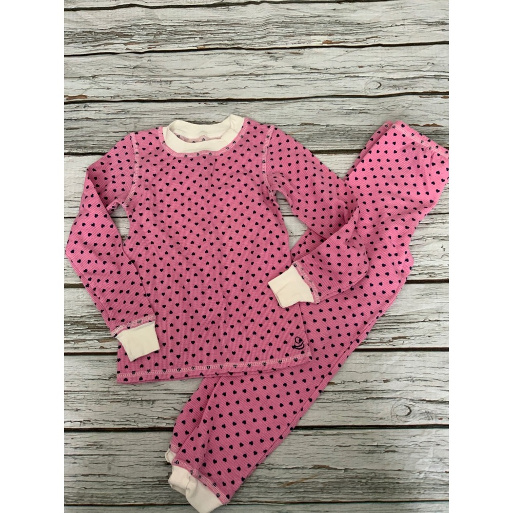 Cuddl Duds Girls Pink Navy Heart Thermal Pajama Set Waffle Knit Size M 7/8 Love